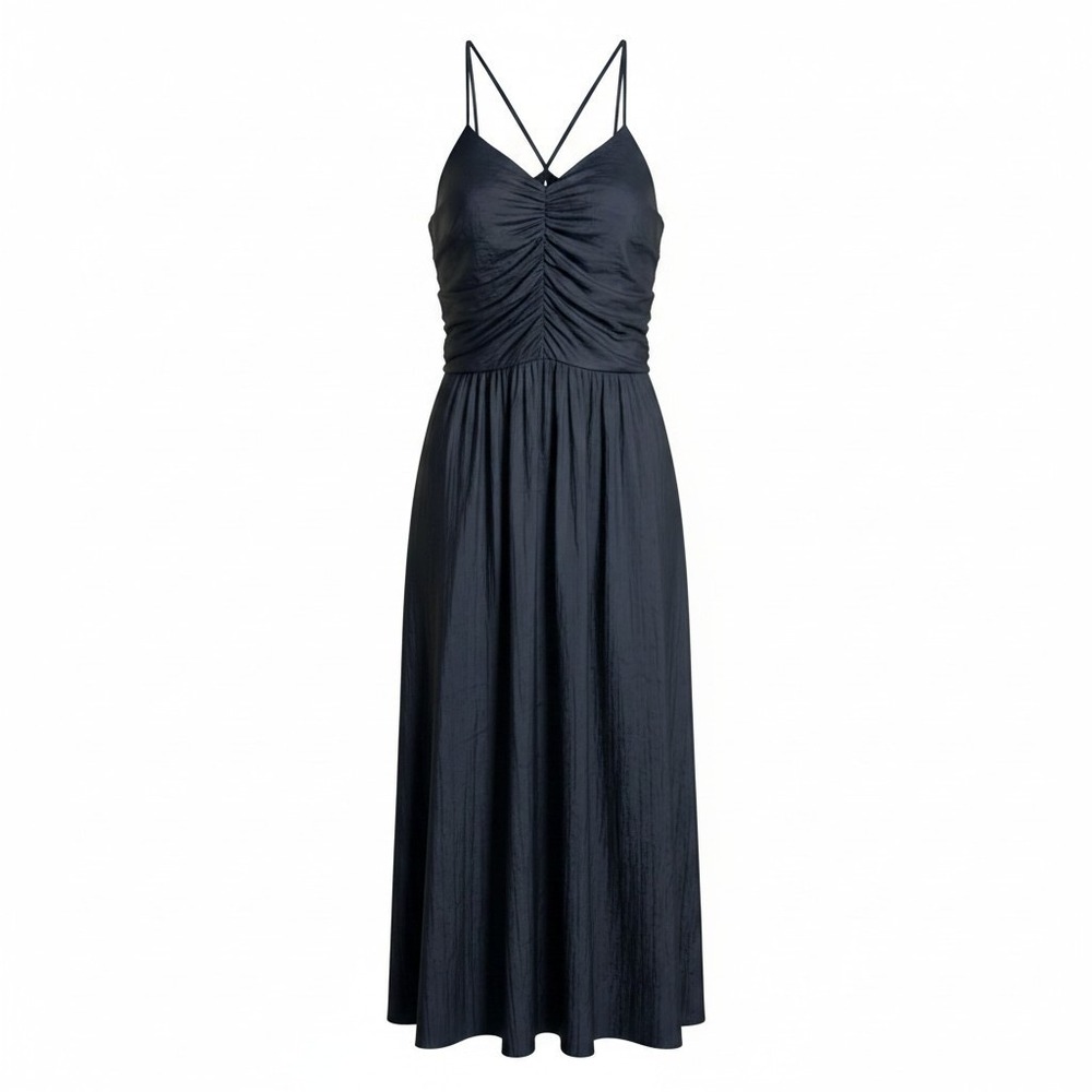 White House Black Market Ruched Midi Dress Grey Smocked Back Strappy Women L